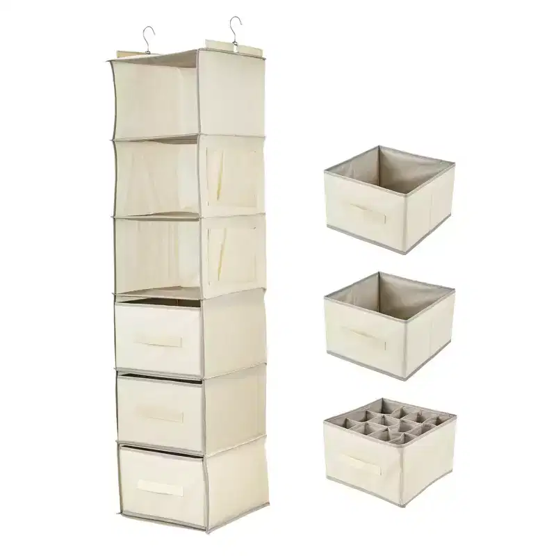 6-Tier Hanging Storage Organizer Non-Woven Fabric, Thick Bamboo Slat Washable, with 3 Removable Drawers + 2 Side Pockets Space-Saving