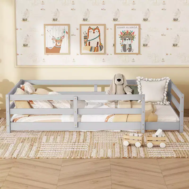 Bed Frame Twin/Full Size,Modern Low Profile Toddler Bed with Safety Rails, Solid Wood Frame for Kids Bedroom