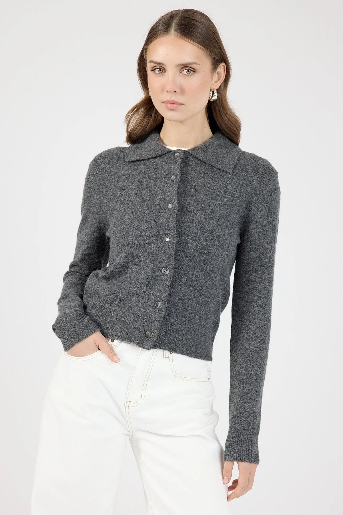 Collared Knit Cardigan Charcoal