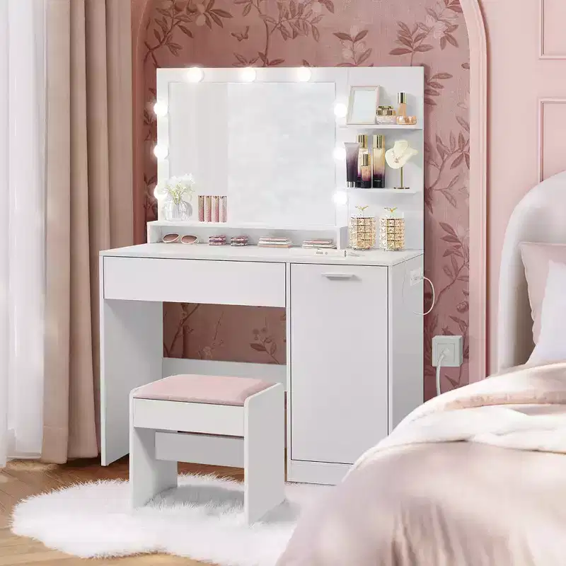 VASAGLE Vanity Desk with Mirror and Lights, 43.3-Inch Wide Makeup Vanity with Upholstered Vanity Stool, Dimmable LED Lights, Cloud White