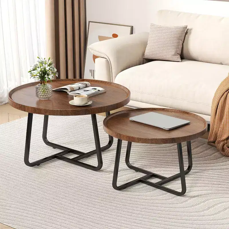 2 PCS Coffee Table, Durable Mid Century Small Round Coffee Tables for Living Room, Easy Assembly Modern Nesting Coffee Tables Set, Circle Side Tables