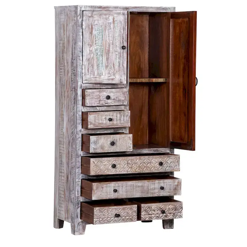 Antique White / Brown Solid Wood Armoire with 7 Drawers & 2 Doors