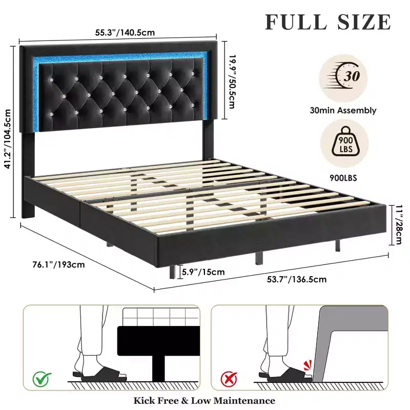 King Size Floating Bed Frame with LED Lights. Upholstered Platform Bed with Diamond Headboard. Wood Slats. No Box Spring Needed. Noise-Free
