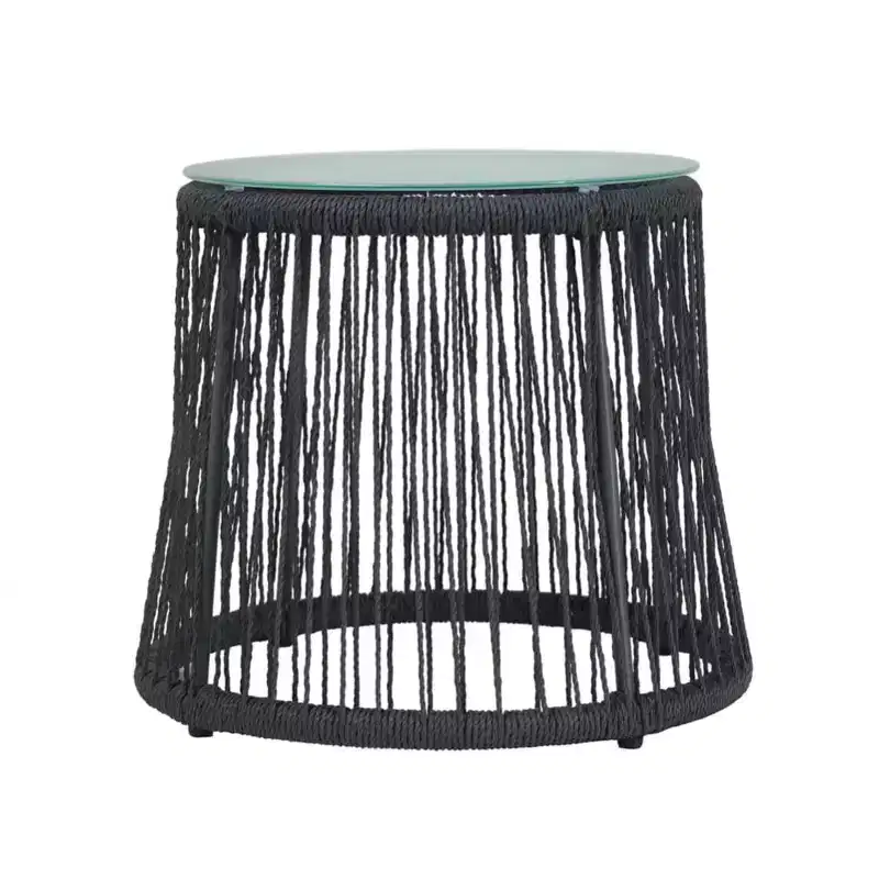 Woven Rope Side Table with Tempered Glass Top, Iron Frame Small Nightstand for Living Room Patio Bedroom