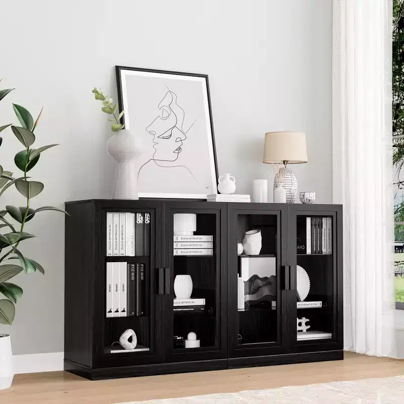 Wood Accent Cabinet with Adjustable Shelves, 4-Door Storage Cabinet for Living Room Kitchen Entryway
