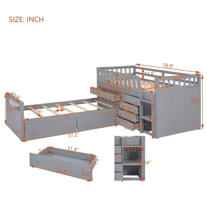 Twin Low Loft Bed with 7 Drawers and Full Guardrails, L-Shaped Twin Loft and Twin Platform Bed for Kids Teens Bedroom