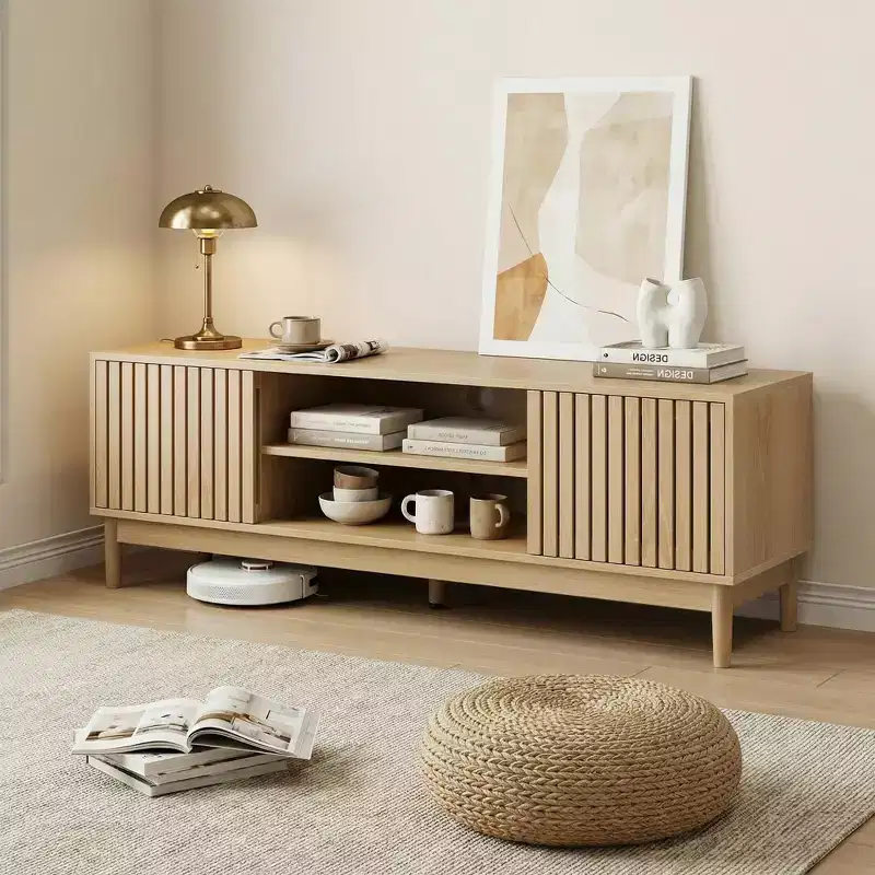 Rajesh Modern Wooden 55 TV Stand with Open Shelves and Cable Hole