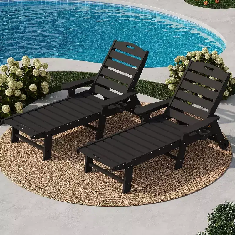 Chaise Lounge Outdoor, Lounge Chair Outdoor with Rolling Wheels, Adjustable 5-Position Backrest, HDPE Lounge Chair with Cup Holder Weather-Resistant