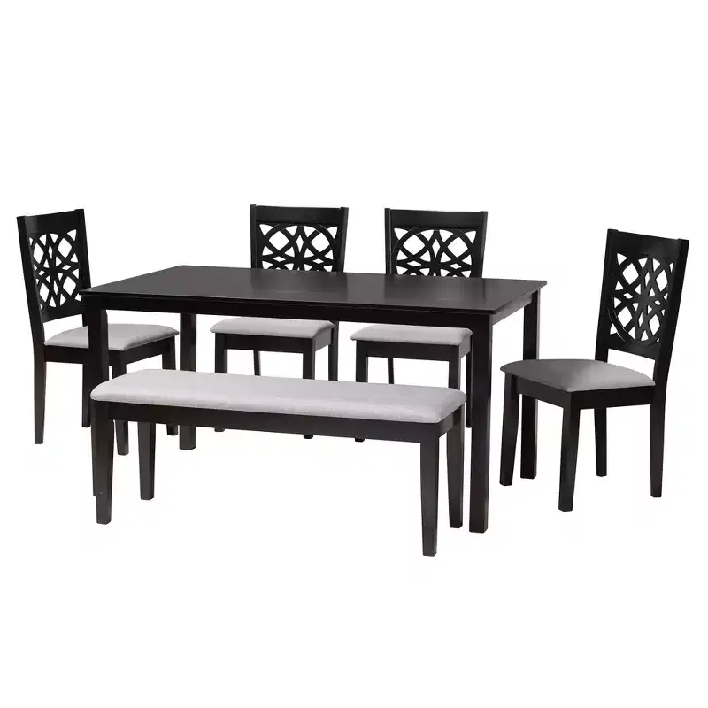 6-Piece Rectangle Dining Set 4 Chairs 1 Bench Rubberwood Openwork Back Seats 6