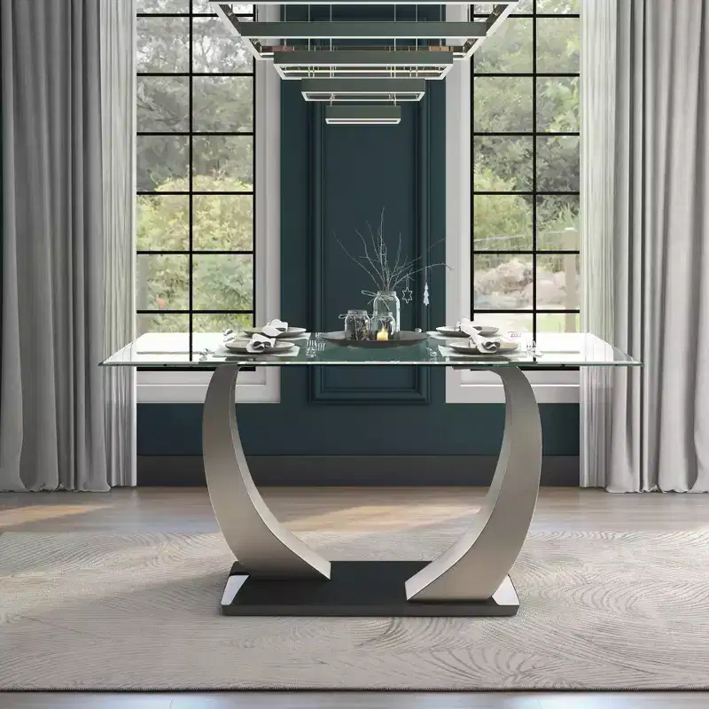  Glass Top Dining Table Silver/Black: Modern Pedestal Base, Seats 6, Satin Finish