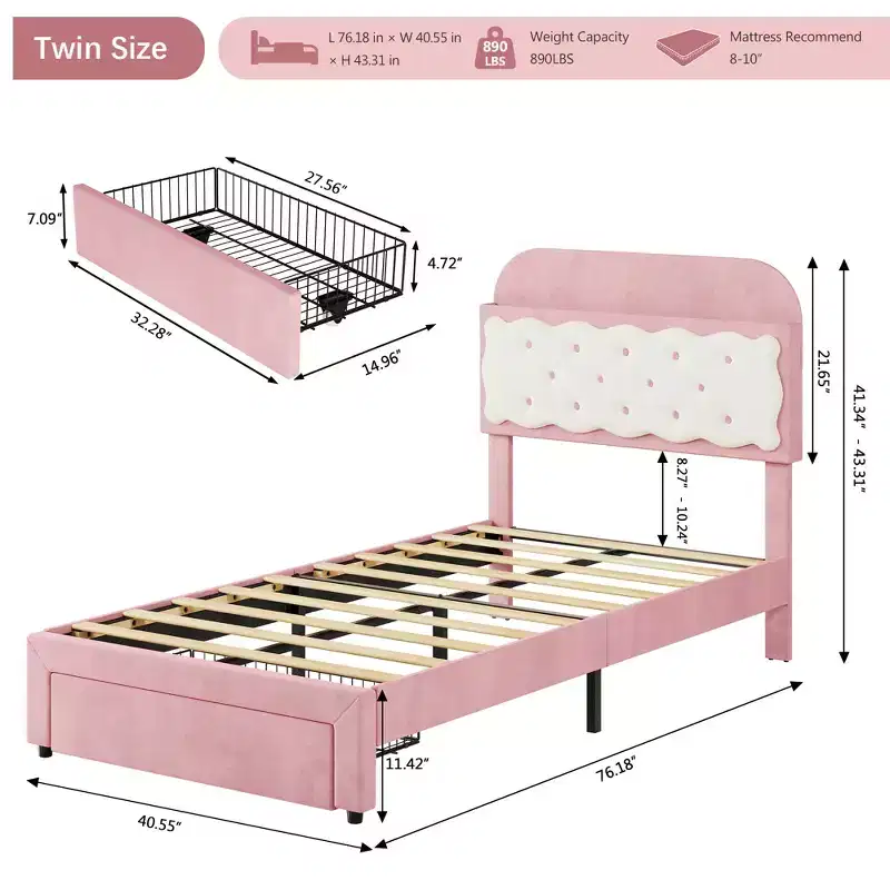 Twin Bed Frames, Velvet Upholstered Platform Bed with Biscuit Tufted Storage Headboard, Sturdy Wood Slats, No Box Spring Needed, Easy Assembly