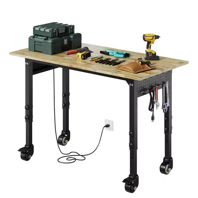COZONY Heavy Duty Workbench with Power Outlet, Adjustable Height Wood Top, Rolling Work Table for Garage Workshop