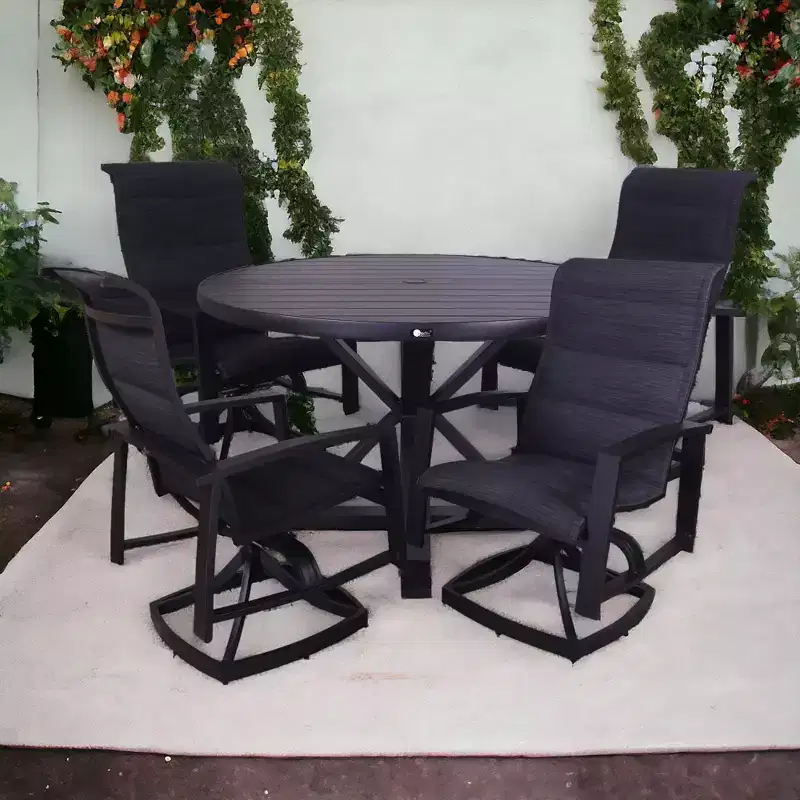 Courtyard Casual Santorini 5 pc Motion 48 Round Dining set Includes: One Round Table and Four Padded Swivel Sling Chairs