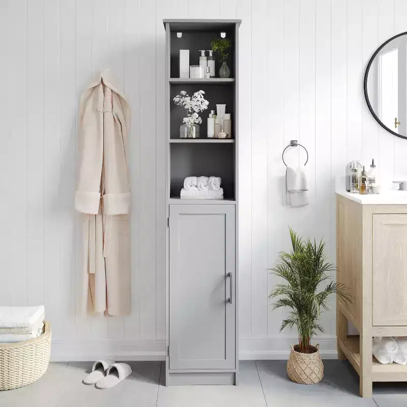 Flash Furniture Vega Freestanding Narrow Bathroom Linen Tower Storage Cabinet Organizer with Door, In-Cabinet Adjustable Shelf, and Upper Open Shelves