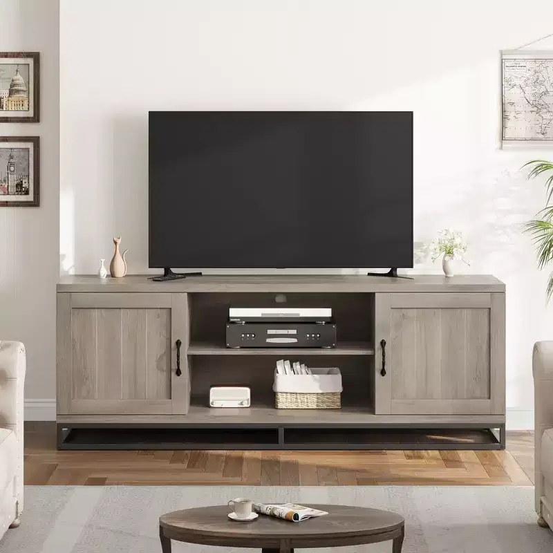 Garvee Farmhouse TV Stand for 75inch, Entertainment Center with Sturdy Metal Leg & Adjustable Shelves, Wooden Media Console for Living Room Bedroom