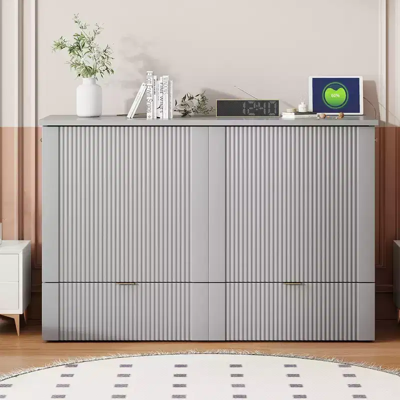 Full/Queen Murphy Bed Wall Bed with Storage Drawers, Space-Saving Murphy Cabinet Bed with USB for Guest Room, Pulley Structure, Grey
