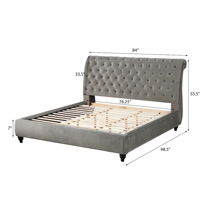 Gray Velvet Button Tufted Nailhead Sleigh Bed – Queen / King