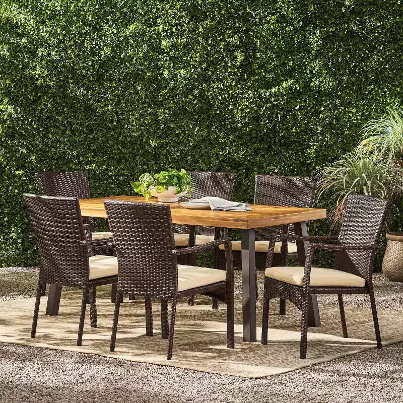Christopher Knight Home Goleta Outdoor Acacia Wood and Wicker 7 Piece Dining Set with Cushion, Natural, Brown and Cream