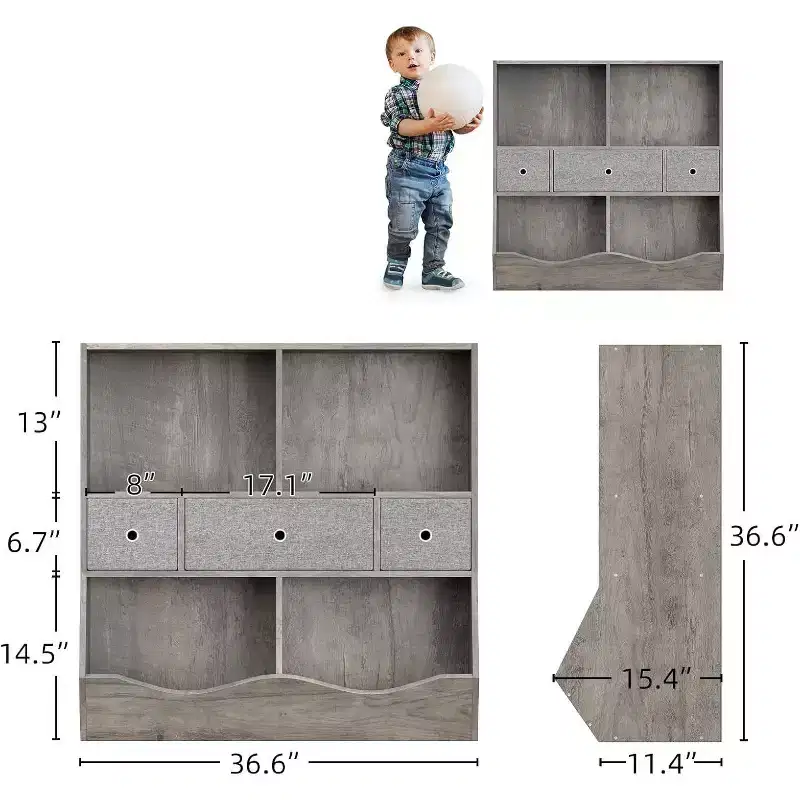 7-Cubby Kids Toy Storage Organizer with Drawers, 3-Tier Bookcase, Gray