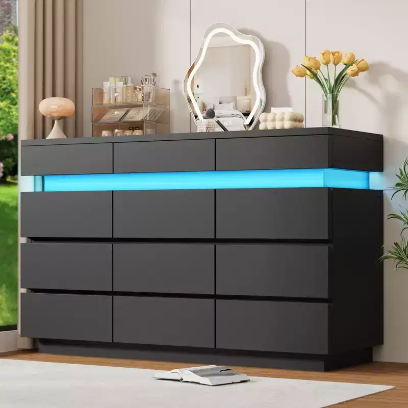 Modern Dresser for Bedroom, 59 Wooden Dresser with LED Lights, Modern Dressers & Chests of Drawers for Living Room Hallway Bedroom