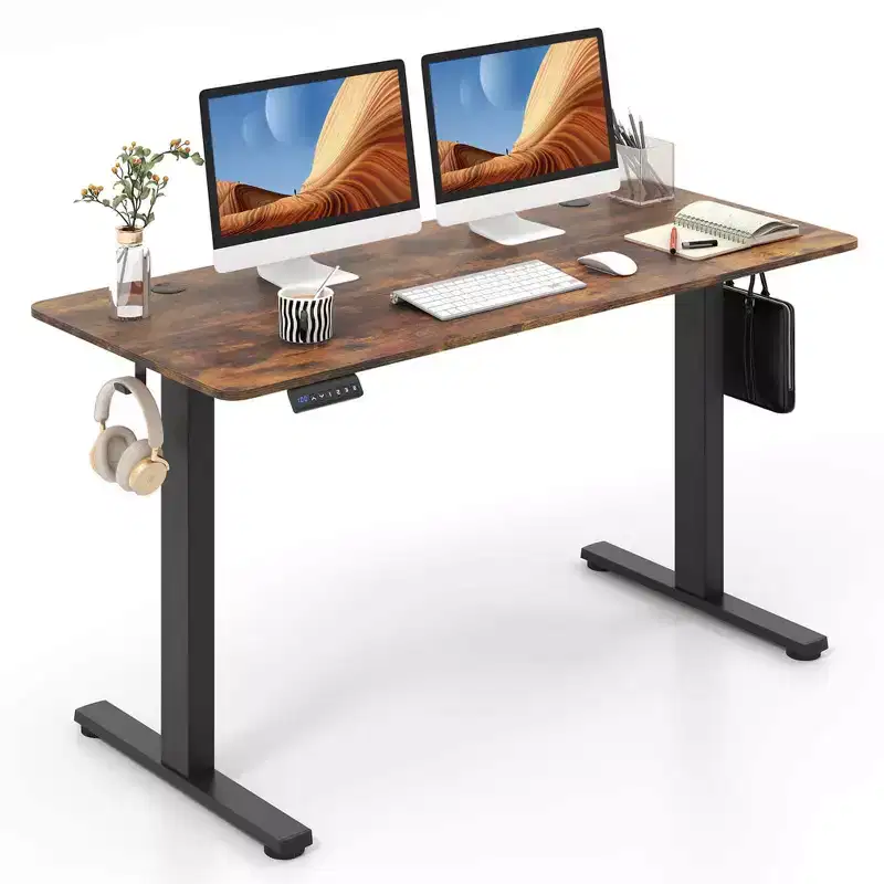 Costway 55 x 24 Electric Standing Desk with 3 Memory Height Settings 2 Hanging Hooks Brown/Natural/White
