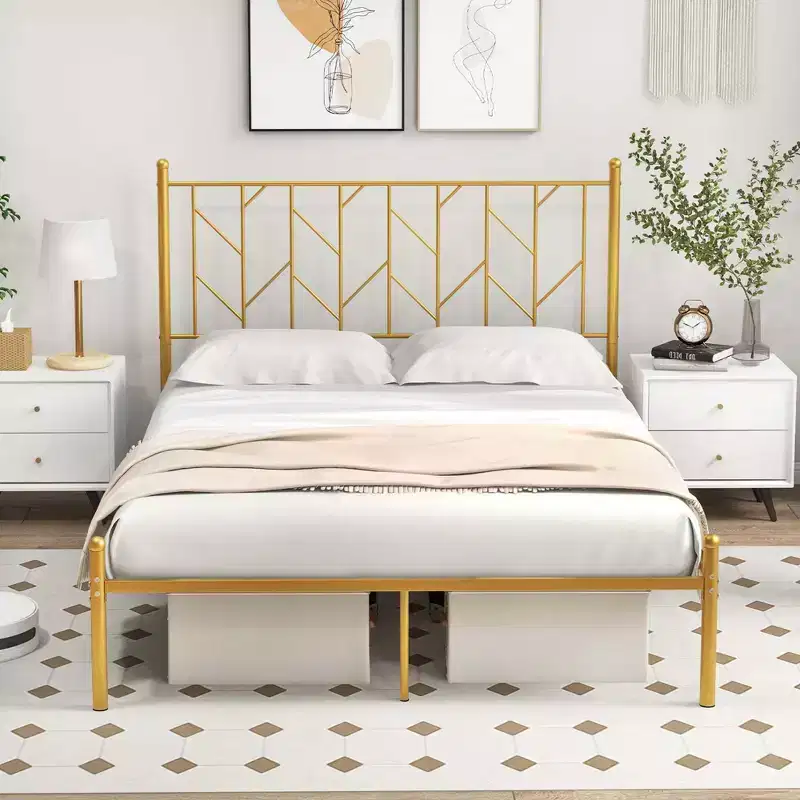 Metal Platform Bed Frame - Gold, Branch Headboard, Twin/Full/Queen