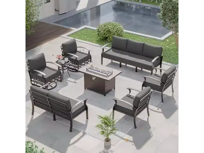 ALAULM Aluminum Patio Furniture Set 9-Seat Modern Metal Outdoor Conversation Sets w/45in Propane Fire Pit Table