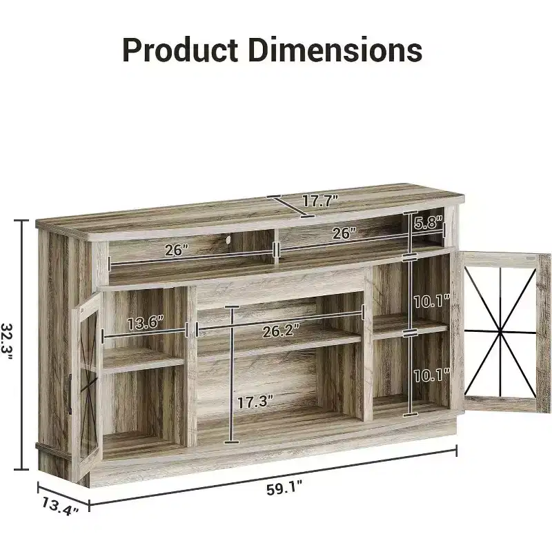 65 Inch Farmhouse TV Stand with 2 Acrylic Doors - Wood Entertainment Center with Storage for Living Room/Bedroom