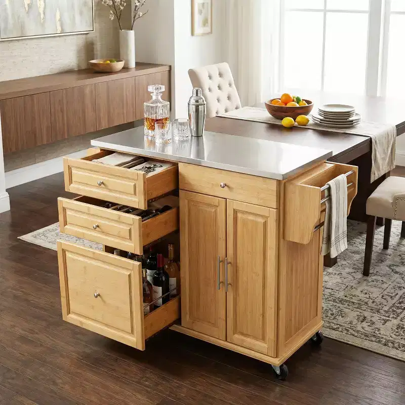 Christopher Knight Home Nives Bamboo Rolling Kitchen Cart with Stainless Steel Top, 4 Drawer and 2 Doors