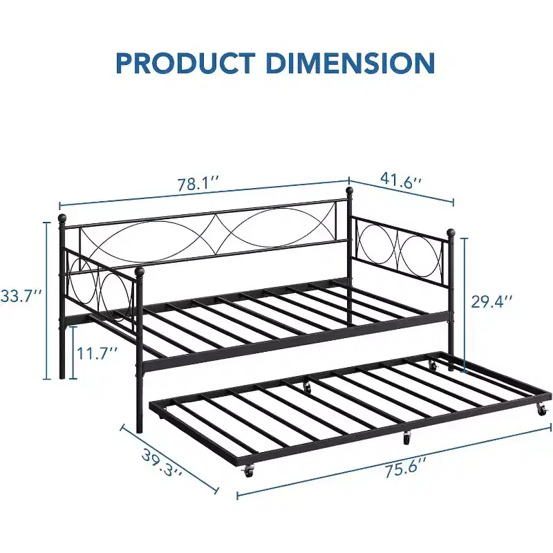 Daybed with Trundle, Twin Day Bed with Pull Out Trundle, Metal Slats Support, 2-in-1 Daybed Bed Frame for Bedroom, Living Room, Guest Room