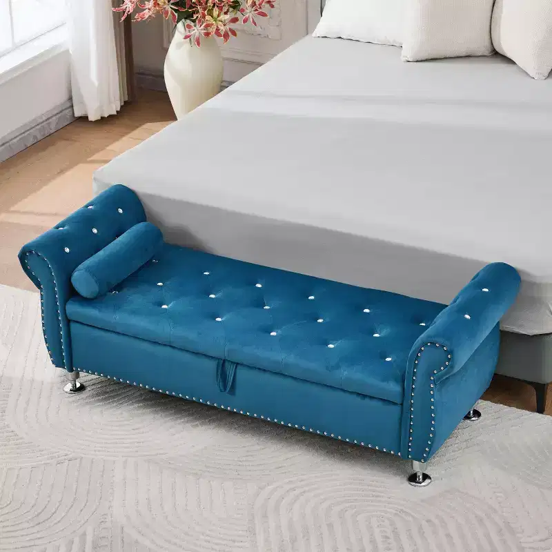 TUYOHW 62.2 Tufted Velvet Storage Bench with Crystal Buttons & Armrests,End of Bed Bench with 1 Pillow,Storage Ottomans for Living Room,Bedroom