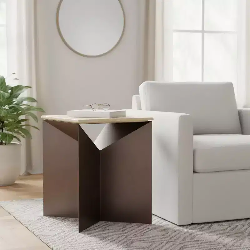 Contemporary End or Side Table with Travertine Top - Home Decor Accent for Small Spaces, Bedroom, or Living Room Decor - 25, Bronze & Ivory