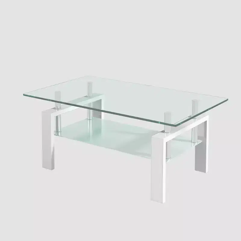 Modern 2-Tier Glass Coffee Table, Rectangular Tempered Glass Side Table with Lower Shelf for Living Room