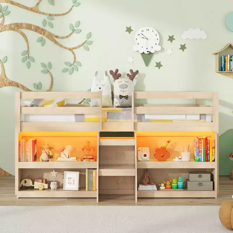 Costway Twin Size Loft Bed w/ LED Lights Staircase & Safety Guardrail Under-bed Storage