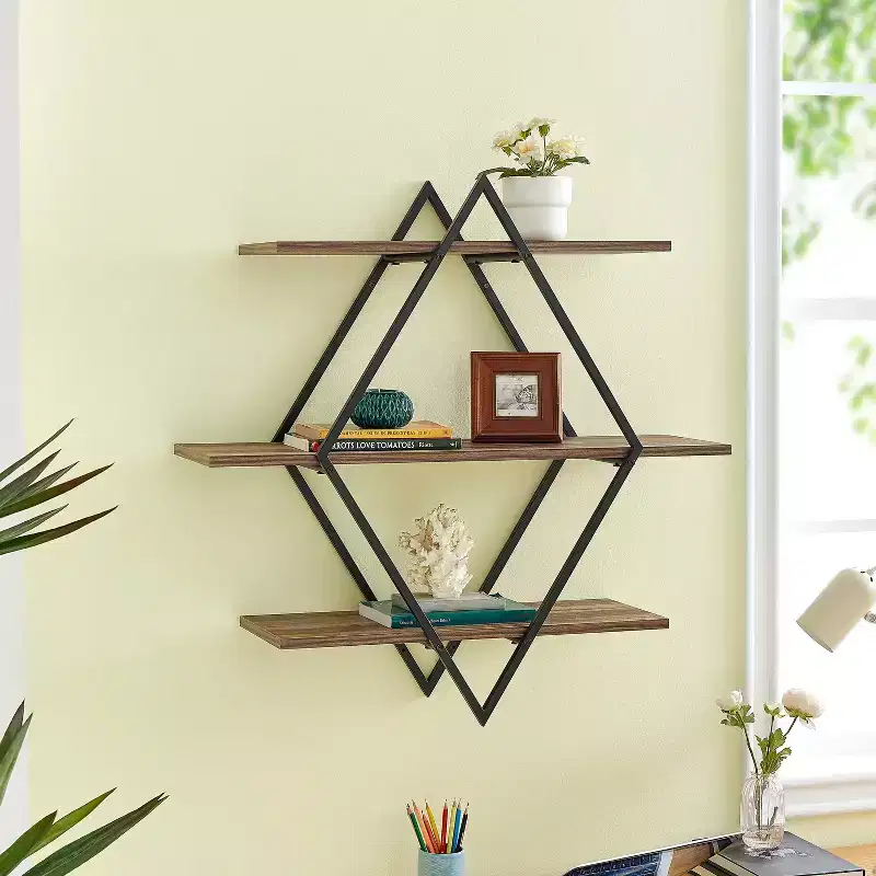 3-Tier Antigua Crossed Double Diamond Wall Shelf Unit in Black and Rustic with Iron Frame