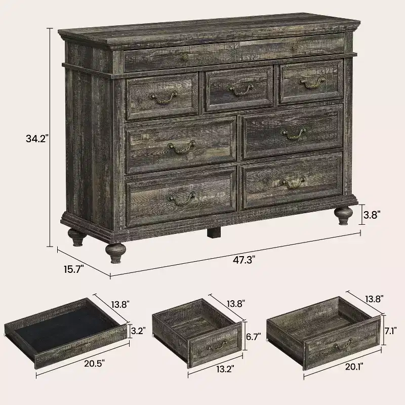 47 Wide Farmhouse 9-Drawer Dresser, Rustic Wood Chest of Drawers for Bedroom & Living Room
