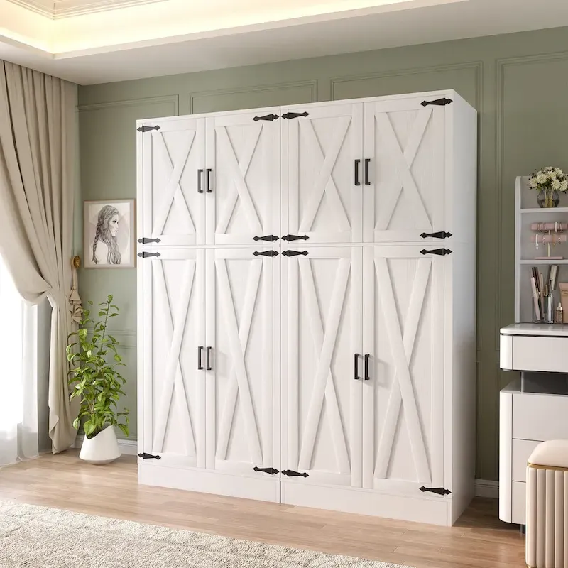 Rackcog Wooden Wardrobe with Barn Doors, Farmhouse Closet Storage Cabinet with Hanging Rod