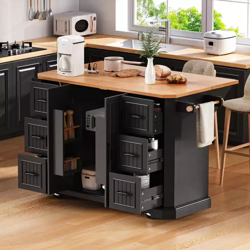 Rolling Kitchen Island with Drop Leaf & Power Outlet – Rubber Wood, Drawers, Wheels