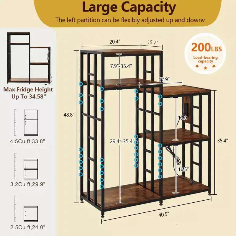 48.8in Adjustable Mini Fridge Stand with Power Outlet, 360LBS Heavy Duty 6-Tier Shelf, Multi-Use Fridge & Microwave Stand for Kitchen Living Room