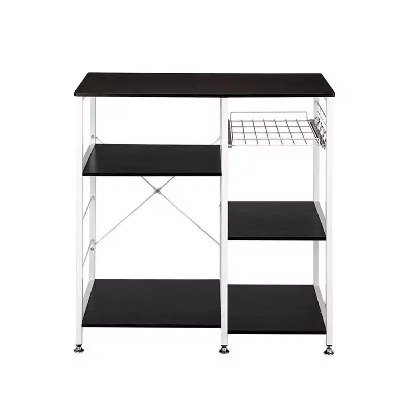 Black 3-Tier Kitchen Storage Cart with Hooks & Basket