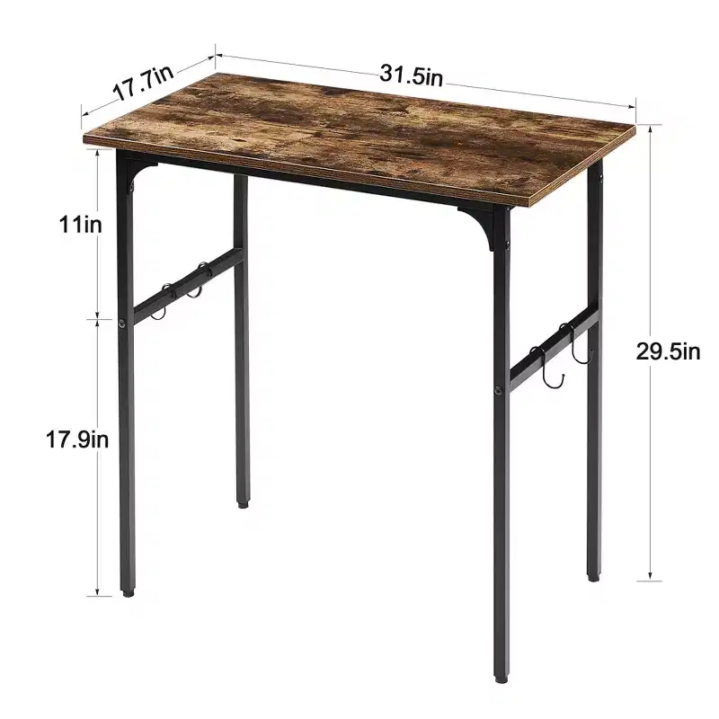 VECELO 32/43 in. Small Computer Desk, Writing Desk with Hooks, Work Desk with Adjustable Feet for Small Space, Brown