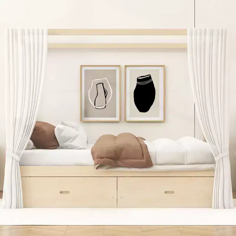Wooden Canopy Bed with Storage Drawers