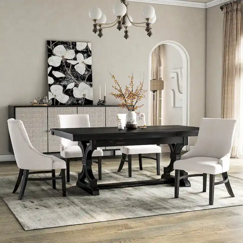 Farmhouse Black Wooden Dining Table with 4 Chairs
