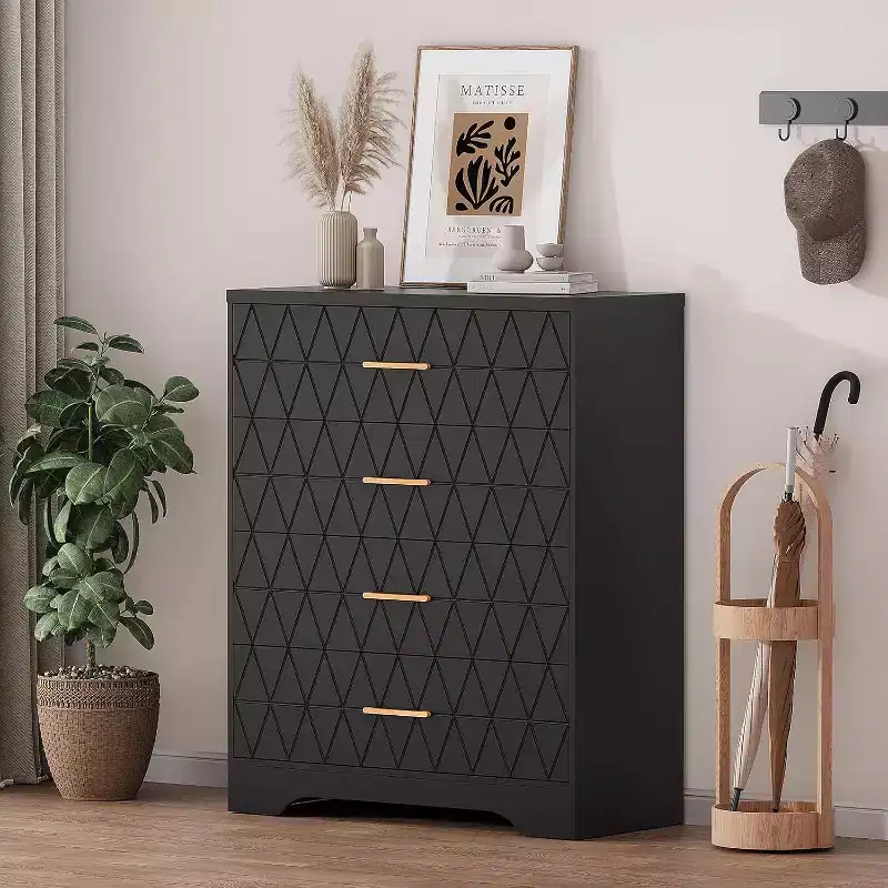 4 Drawer Wooden Dressers for Bedroom, Wood Chest of Drawers with Gold Handles, Modern Nightstand for Bedside, Wooden Storage Organizer Cabinet