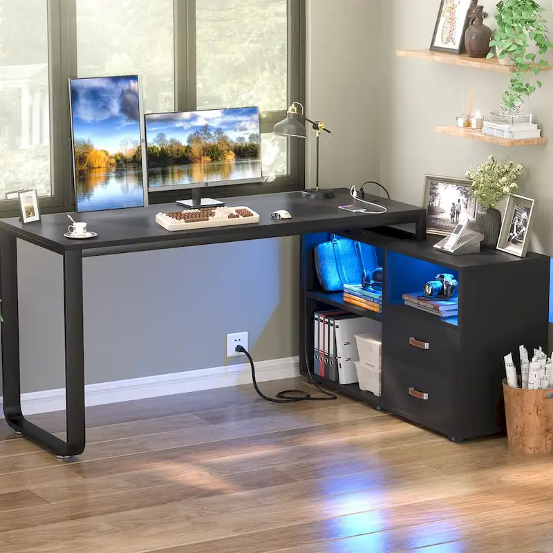 Reversible 55 L Shaped Desk with File Cabinet & Power Outlet,Corner Computer Desks with LED Strip  Drawer