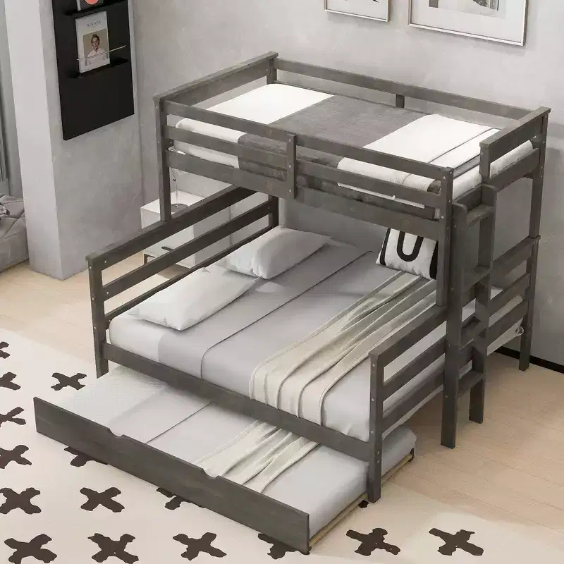 Whisen Wood Twin XL over Queen Bunk Bed Frame with Ladder, Solid Wood Slats