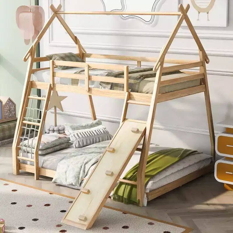Twin Over Queen House Bunk Bed with Climbing Nets and Ramp