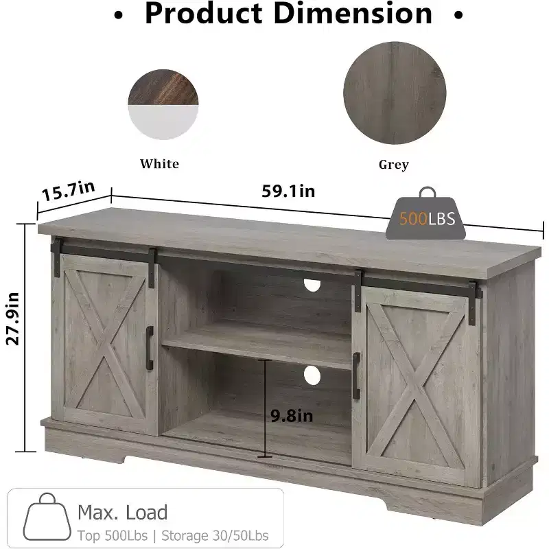 65 Inche Farmhouse Tv Stand, Entertainment Center with Storage and Sliding Barn Doors, Adjustable Shelf Modern Media TV , Grey