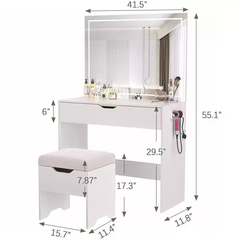 VECELO Vanity Desk Set with LED Lighted Mirror & Power Outlet, Makeup Table with Large Drawer, Storage Stool and Hair Dryer Stand for Bedroom, White
