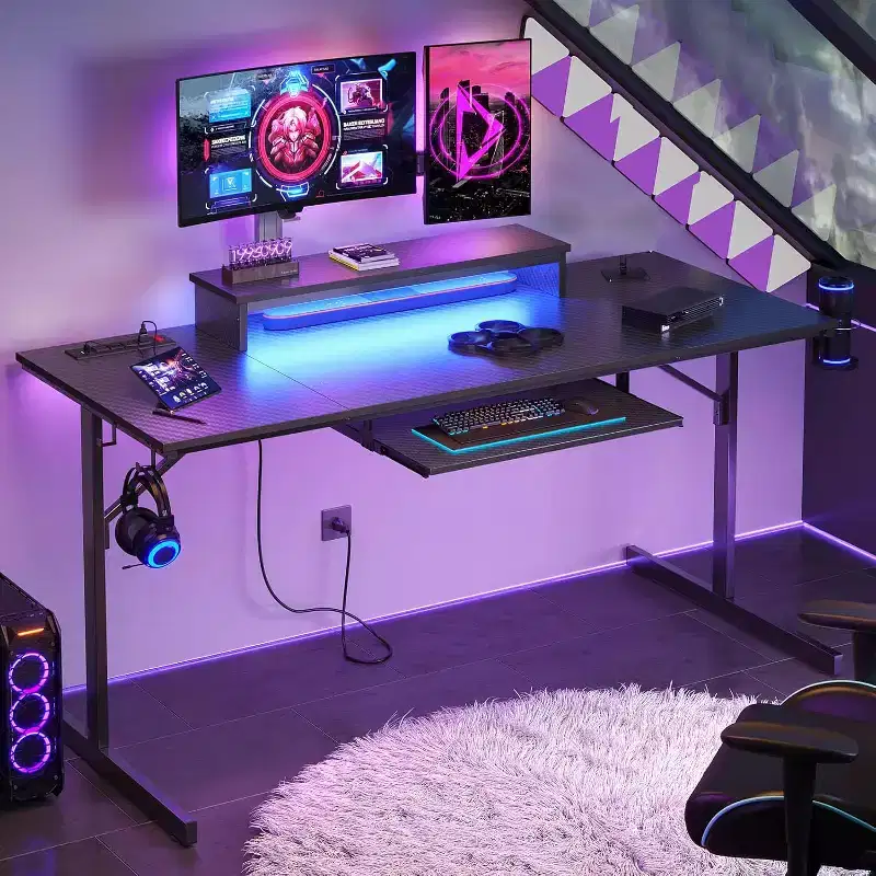 Bestier 63 Gaming Desk with LED Lights & Power Outlets, Computer Desk with Monitor Stand & Keyboard Tray for Home Office